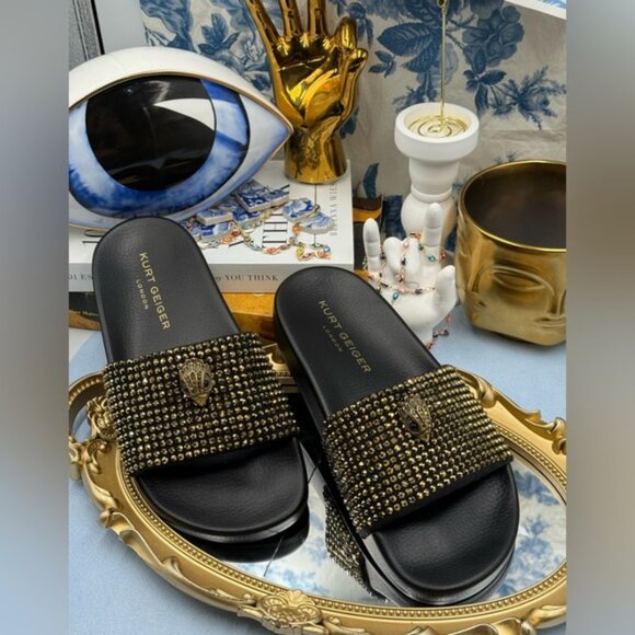 🆕 KURT GEIGER LONDON 🧿 NWOB Meena Eagle Black & Gold Studded Slide, Sz 6.5 - Picture 3 of 13